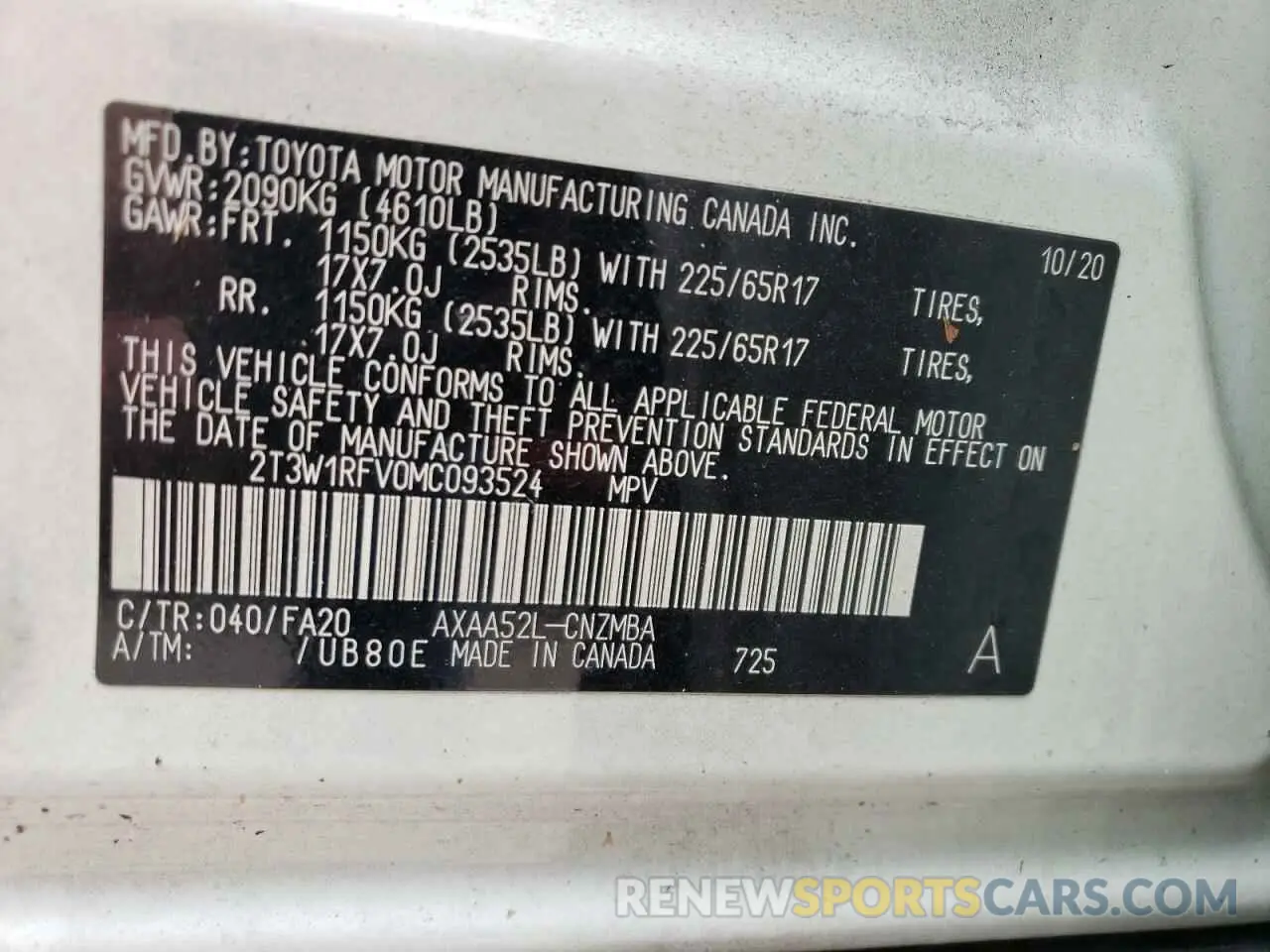 10 fotografías del automóvil dañado 2T3W1RFV0MC093524 TOYOTA RAV4 2021