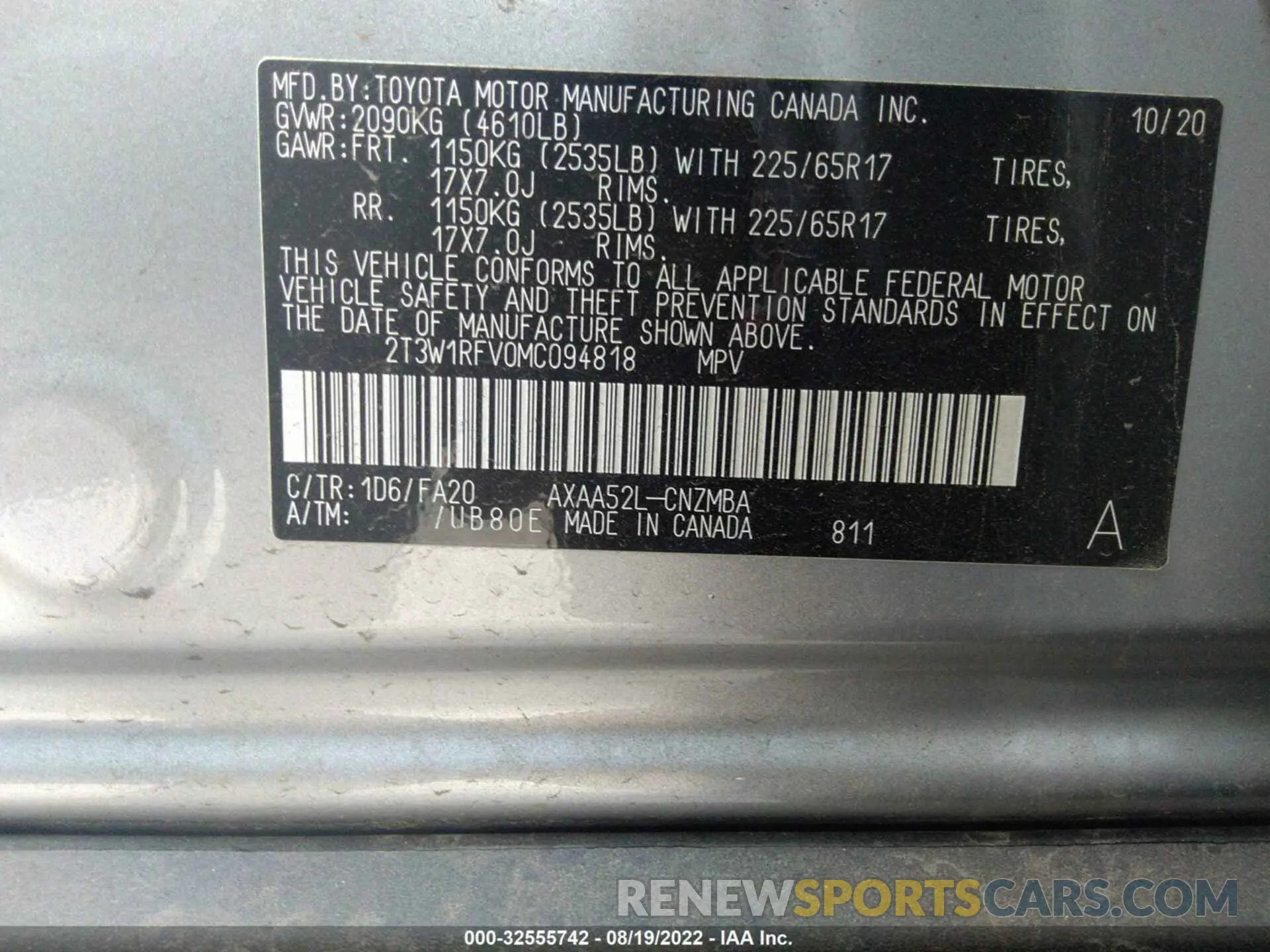 9 fotografías del automóvil dañado 2T3W1RFV0MC094818 TOYOTA RAV4 2021