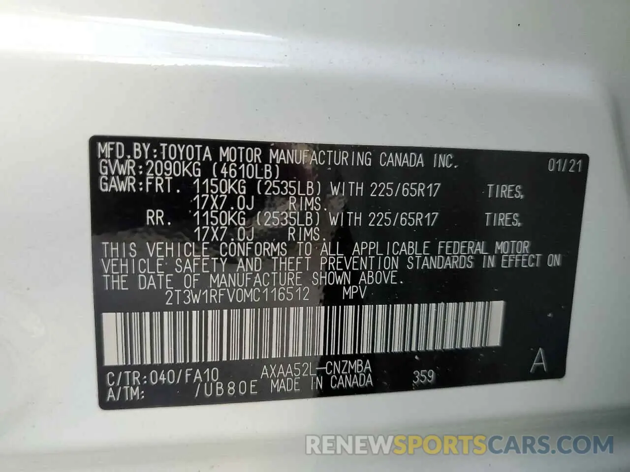 10 fotografías del automóvil dañado 2T3W1RFV0MC116512 TOYOTA RAV4 2021