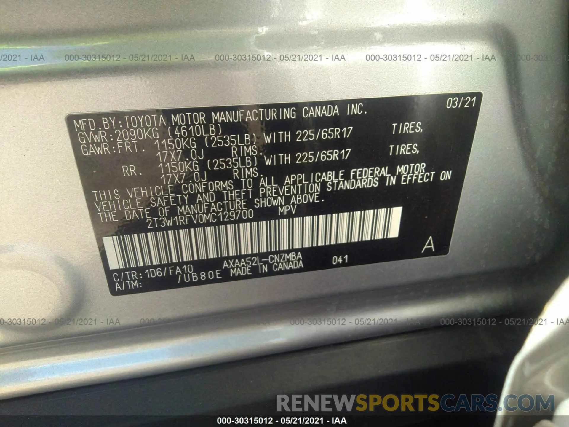 9 fotografías del automóvil dañado 2T3W1RFV0MC129700 TOYOTA RAV4 2021