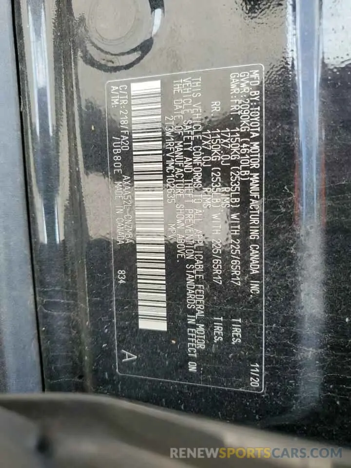 14 fotografías del automóvil dañado 2T3W1RFV1MC102635 TOYOTA RAV4 2021