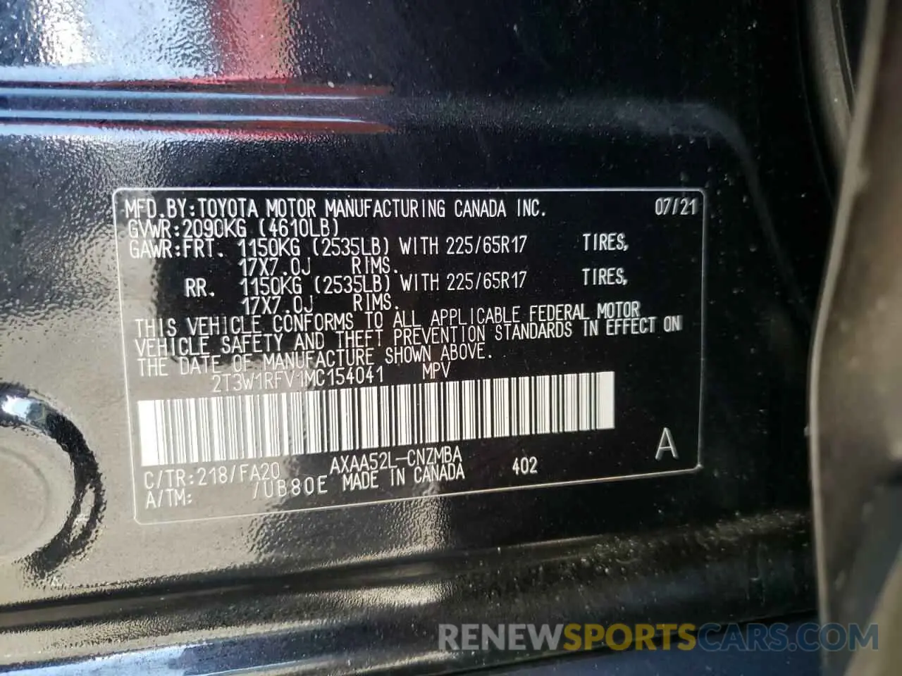 10 fotografías del automóvil dañado 2T3W1RFV1MC154041 TOYOTA RAV4 2021