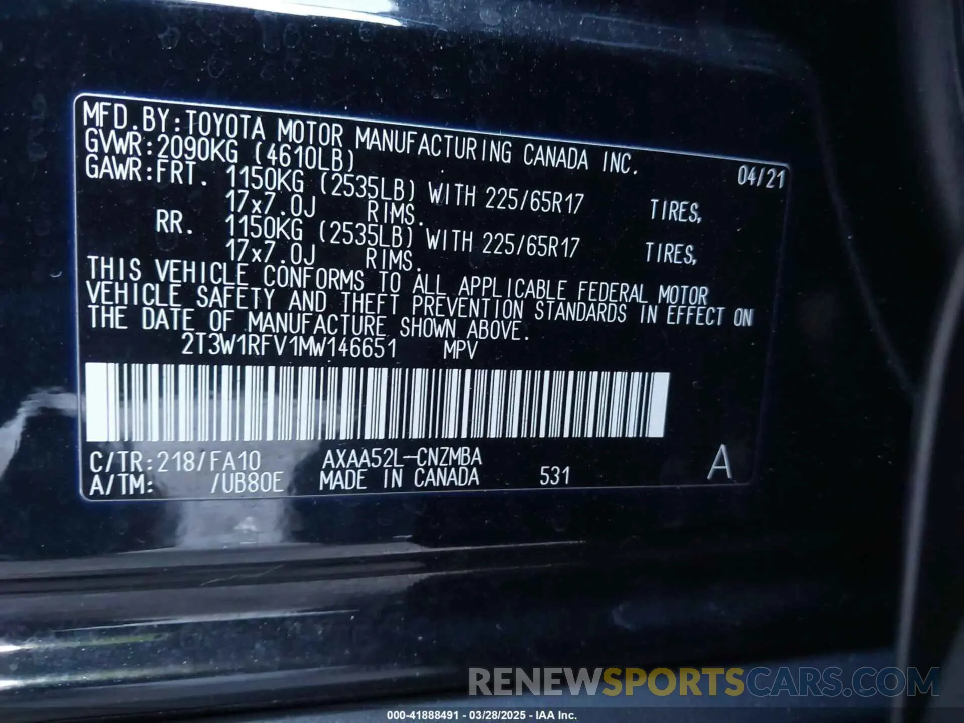 9 fotografías del automóvil dañado 2T3W1RFV1MW146651 TOYOTA RAV4 2021