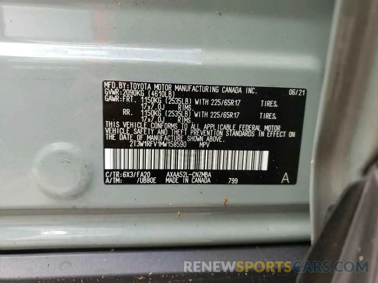 10 fotografías del automóvil dañado 2T3W1RFV1MW158590 TOYOTA RAV4 2021