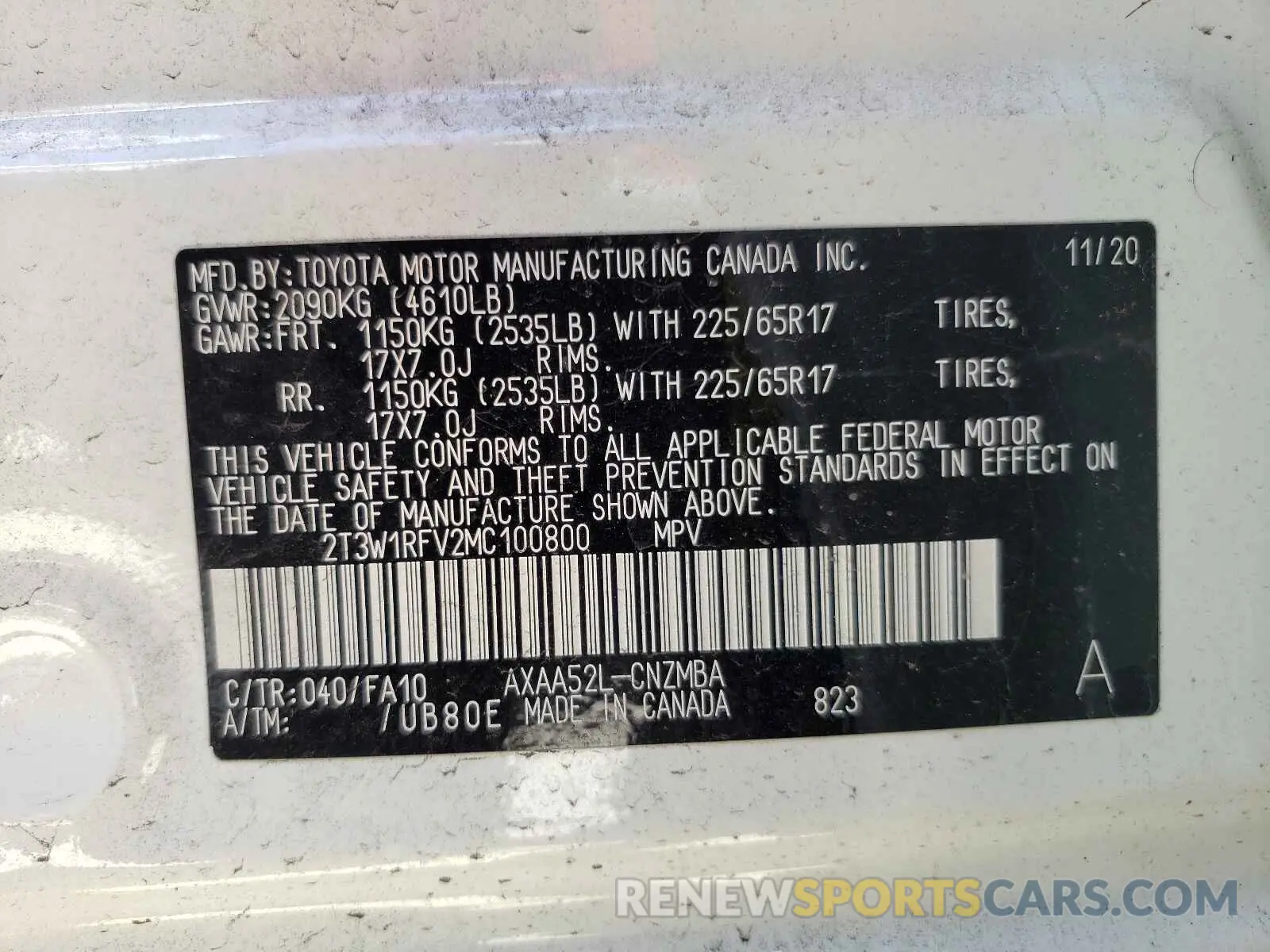 10 fotografías del automóvil dañado 2T3W1RFV2MC100800 TOYOTA RAV4 2021