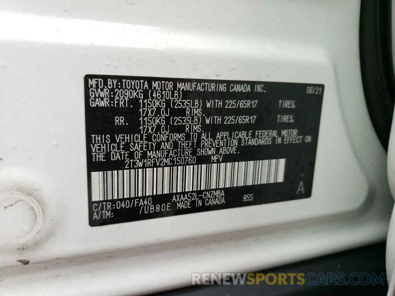 10 fotografías del automóvil dañado 2T3W1RFV2MC150760 TOYOTA RAV4 2021