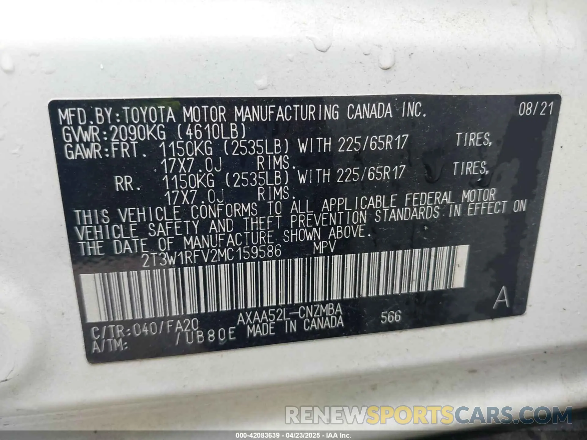 9 fotografías del automóvil dañado 2T3W1RFV2MC159586 TOYOTA RAV4 2021