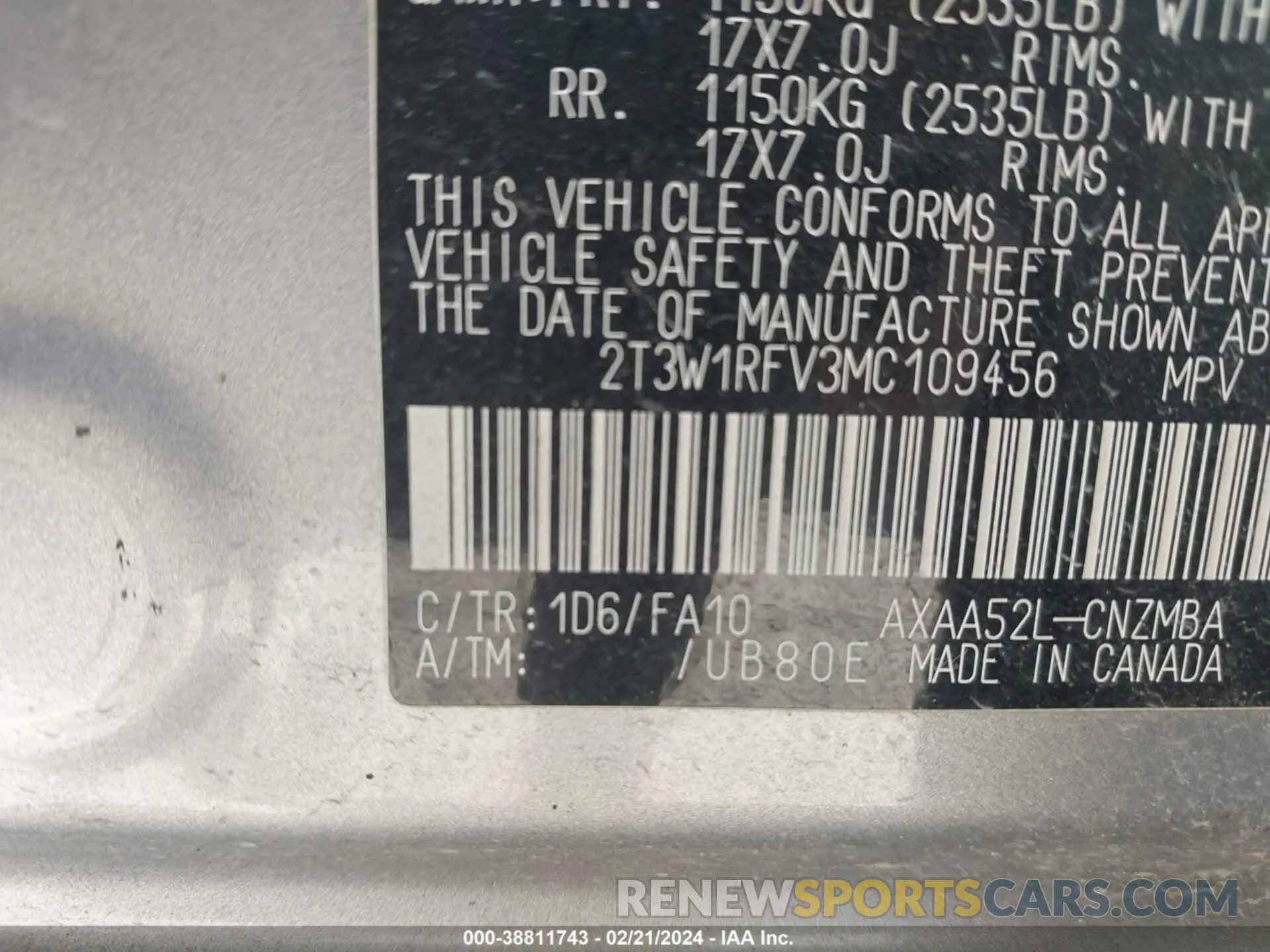 9 fotografías del automóvil dañado 2T3W1RFV3MC109456 TOYOTA RAV4 2021