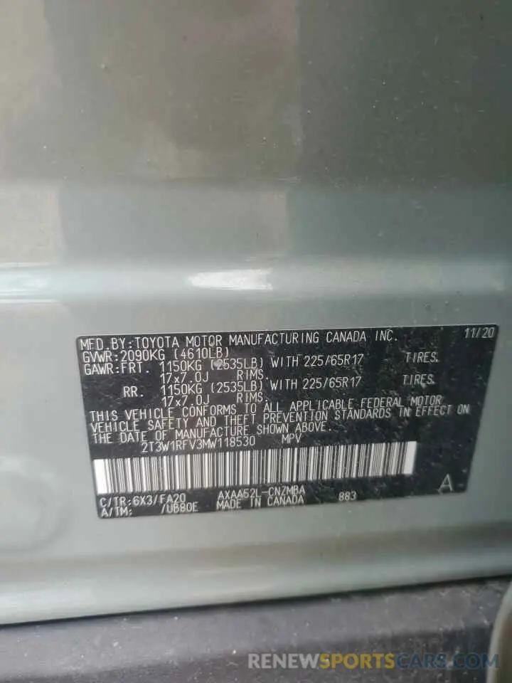 13 fotografías del automóvil dañado 2T3W1RFV3MW118530 TOYOTA RAV4 2021
