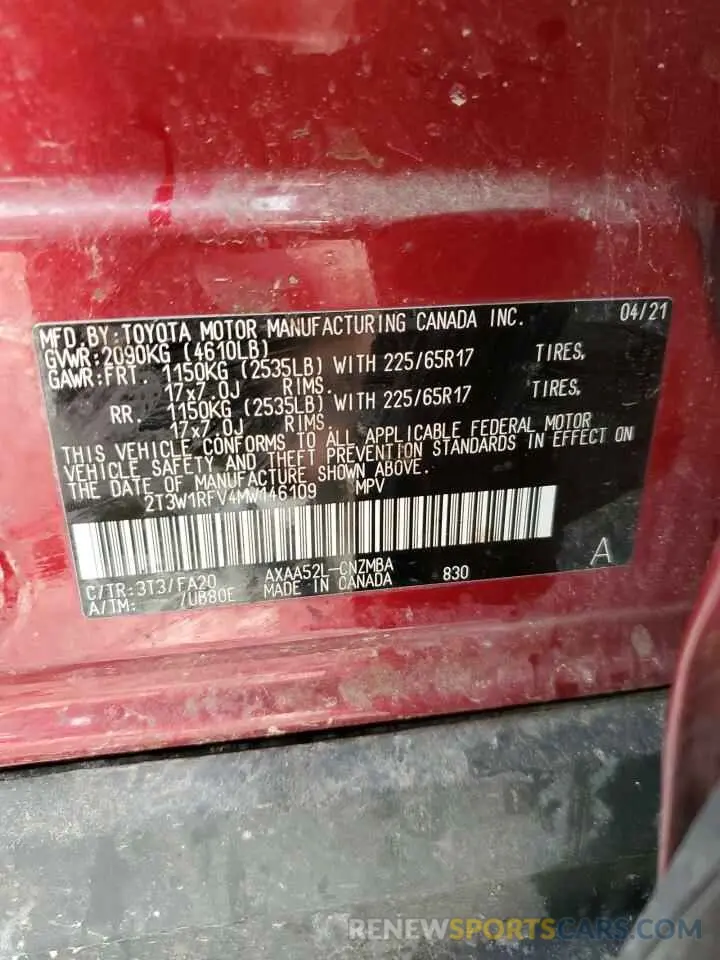 13 fotografías del automóvil dañado 2T3W1RFV4MW146109 TOYOTA RAV4 2021