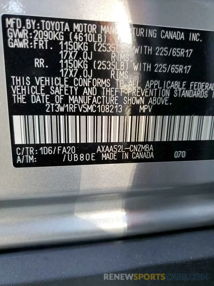 14 fotografías del automóvil dañado 2T3W1RFV5MC108213 TOYOTA RAV4 2021