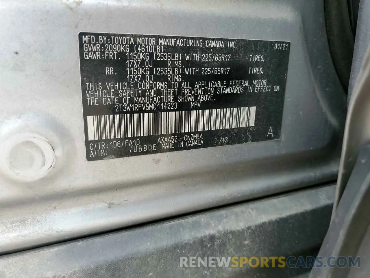 12 fotografías del automóvil dañado 2T3W1RFV5MC114223 TOYOTA RAV4 2021