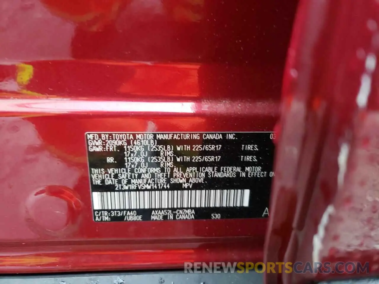 10 fotografías del automóvil dañado 2T3W1RFV5MW141744 TOYOTA RAV4 2021