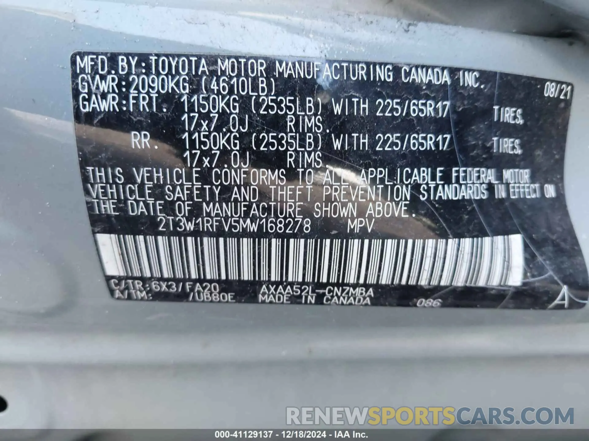 9 fotografías del automóvil dañado 2T3W1RFV5MW168278 TOYOTA RAV4 2021