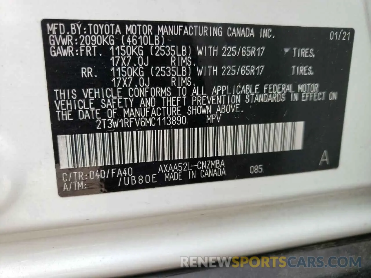 10 fotografías del automóvil dañado 2T3W1RFV6MC113890 TOYOTA RAV4 2021