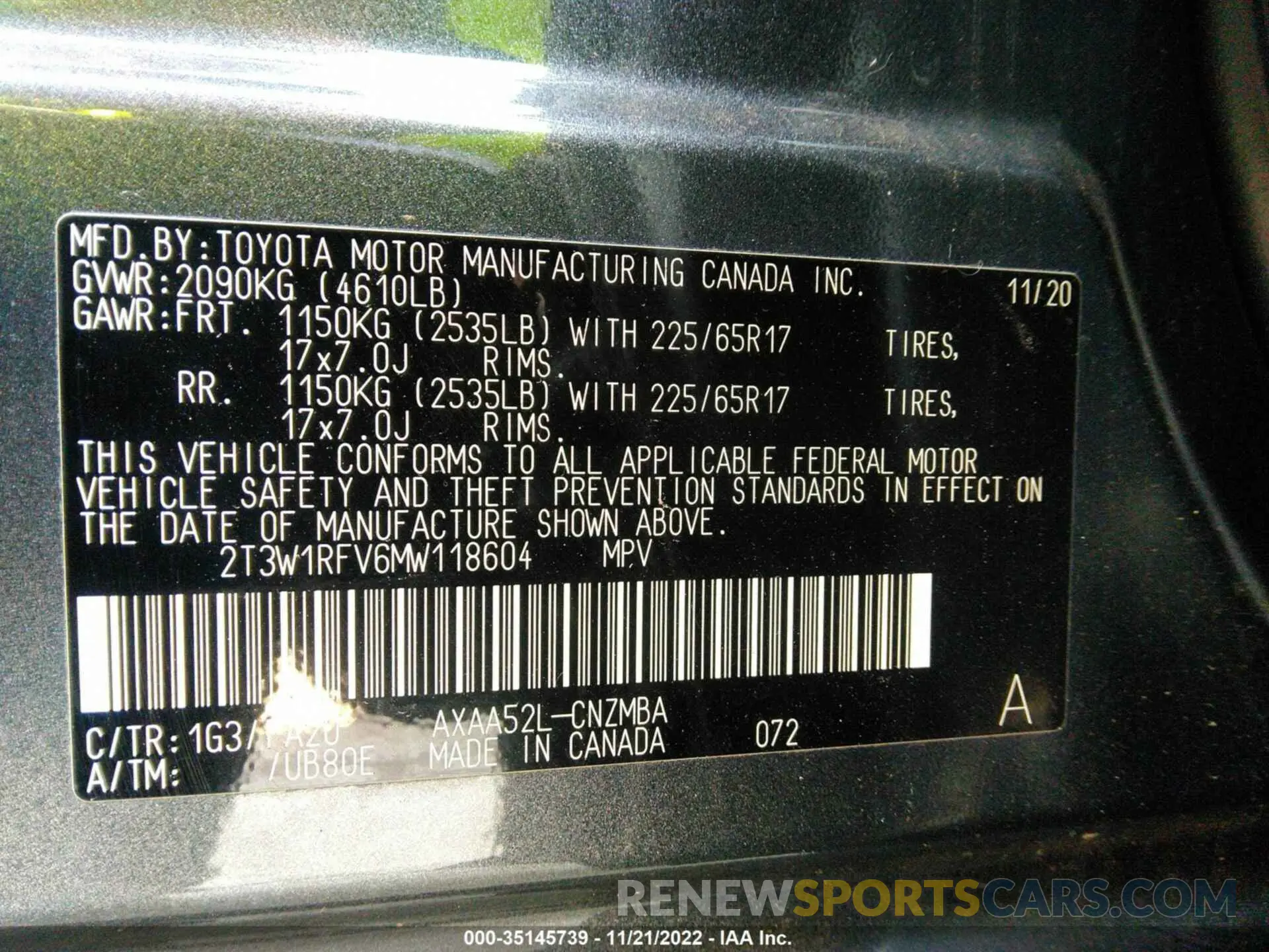9 fotografías del automóvil dañado 2T3W1RFV6MW118604 TOYOTA RAV4 2021