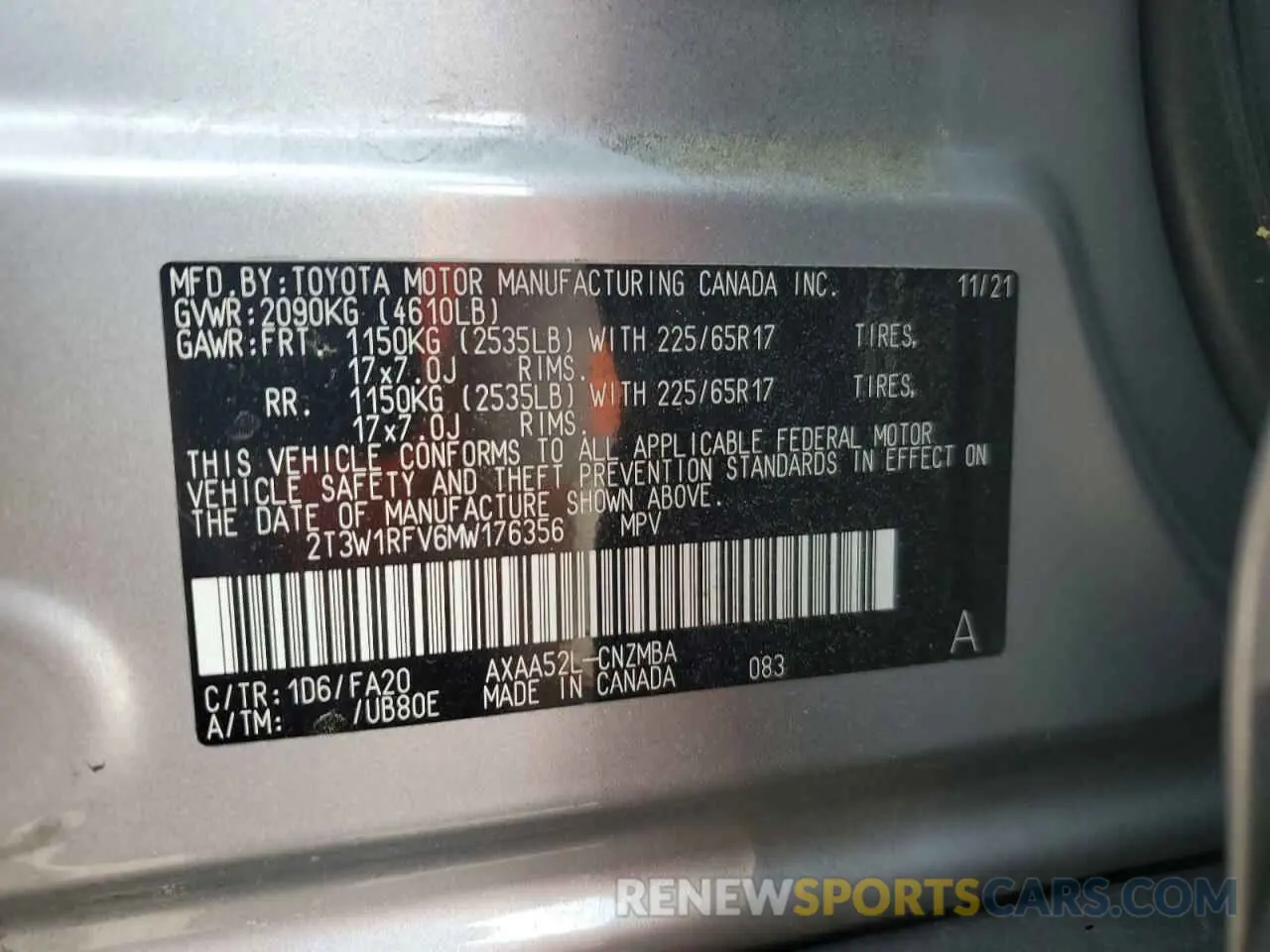12 fotografías del automóvil dañado 2T3W1RFV6MW176356 TOYOTA RAV4 2021