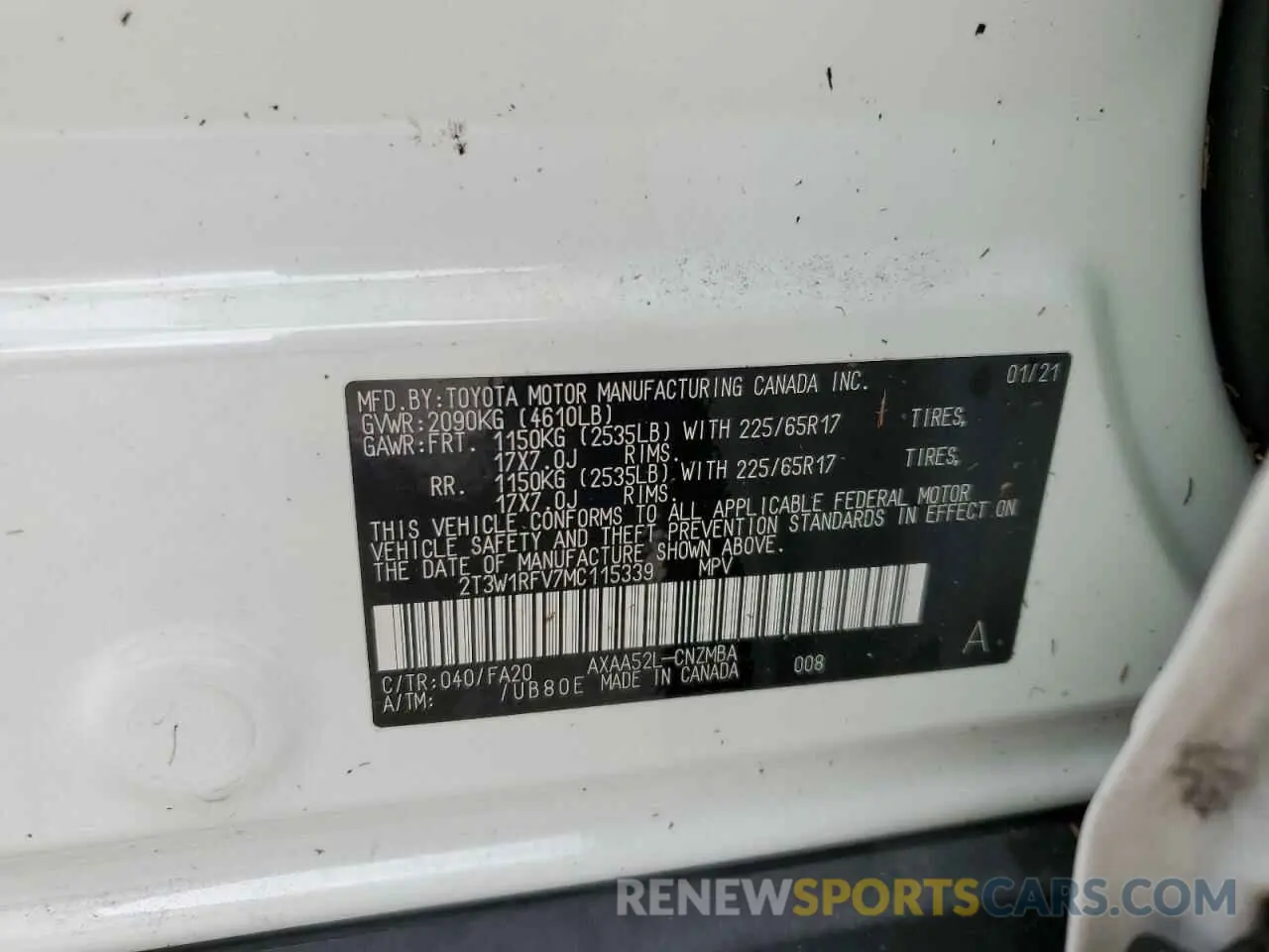10 fotografías del automóvil dañado 2T3W1RFV7MC115339 TOYOTA RAV4 2021