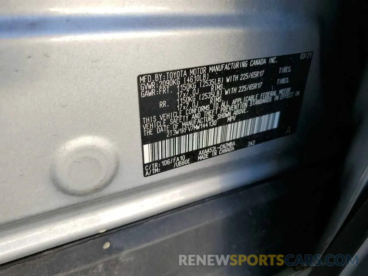13 fotografías del automóvil dañado 2T3W1RFV7MW144130 TOYOTA RAV4 2021