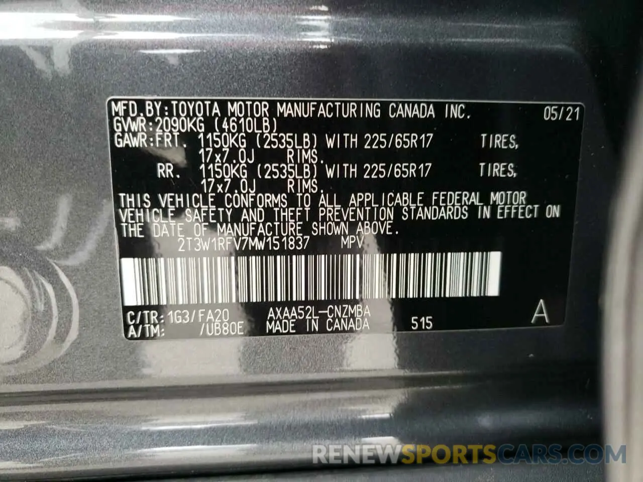 10 fotografías del automóvil dañado 2T3W1RFV7MW151837 TOYOTA RAV4 2021