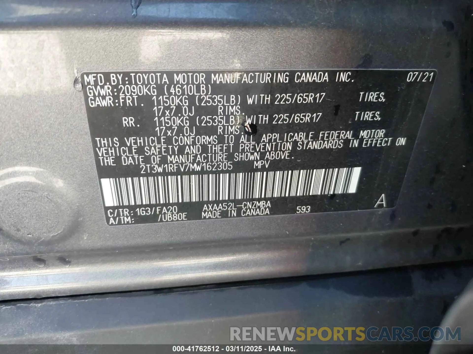 9 fotografías del automóvil dañado 2T3W1RFV7MW162305 TOYOTA RAV4 2021