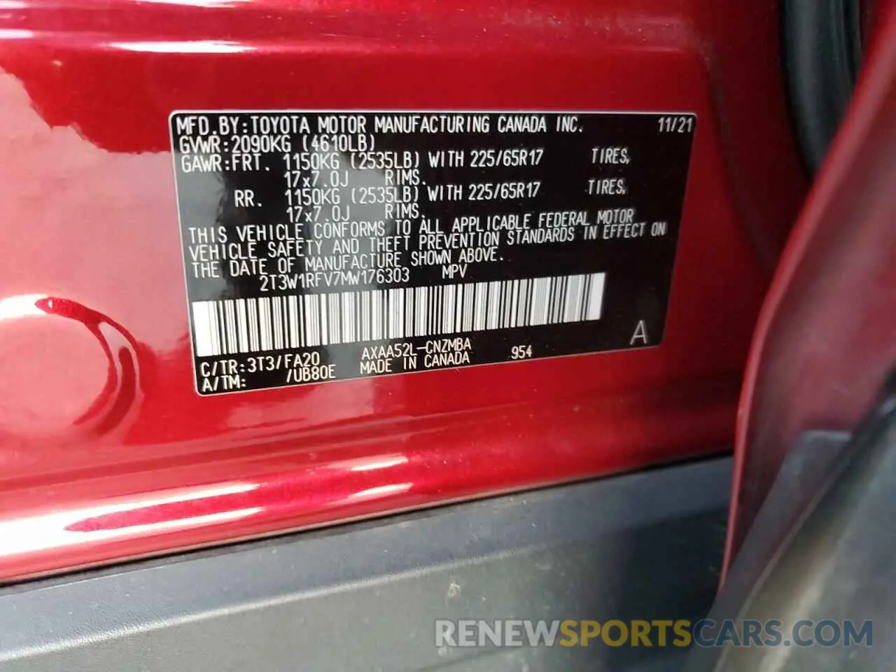 12 fotografías del automóvil dañado 2T3W1RFV7MW176303 TOYOTA RAV4 2021