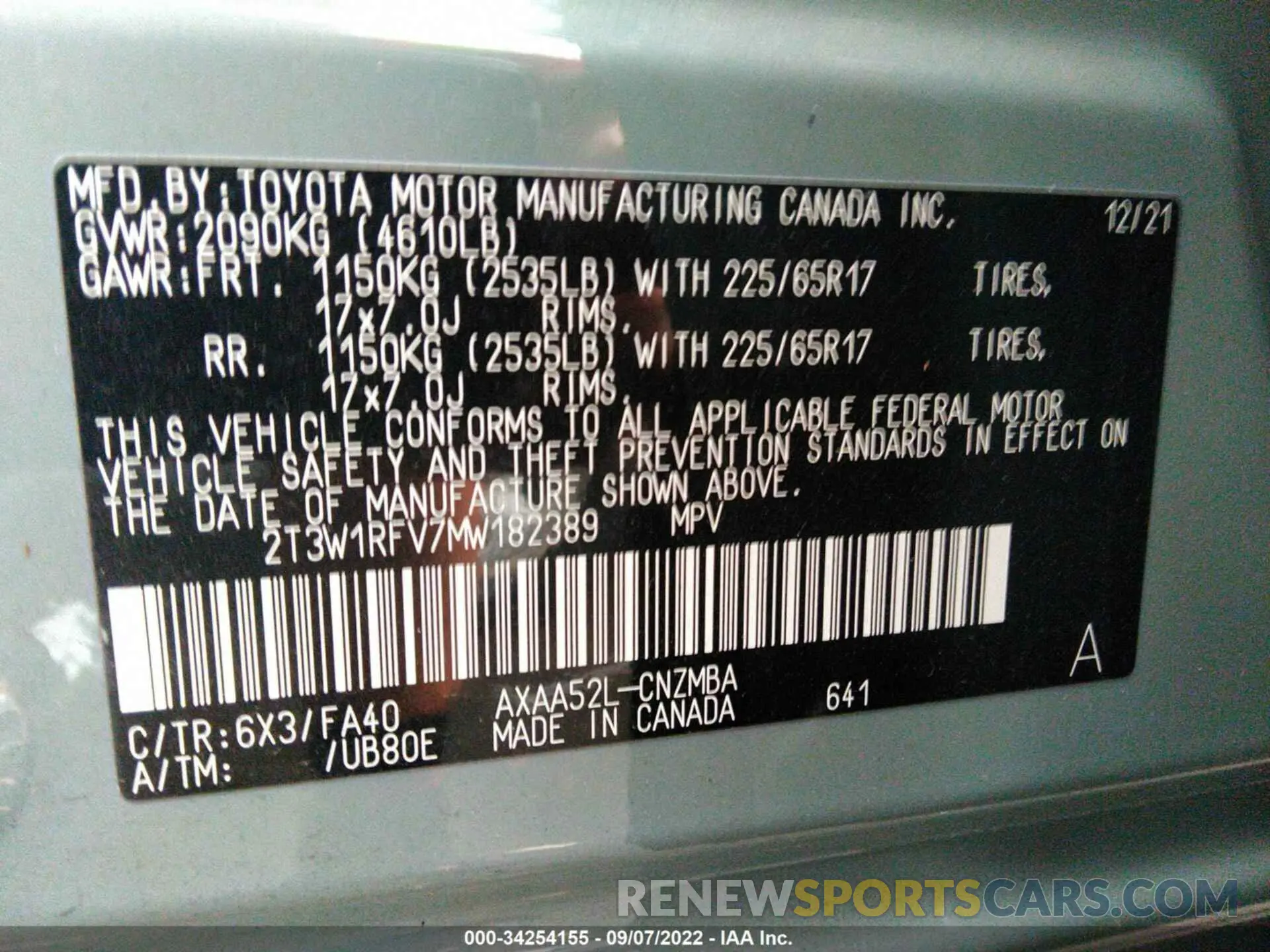 9 fotografías del automóvil dañado 2T3W1RFV7MW182389 TOYOTA RAV4 2021
