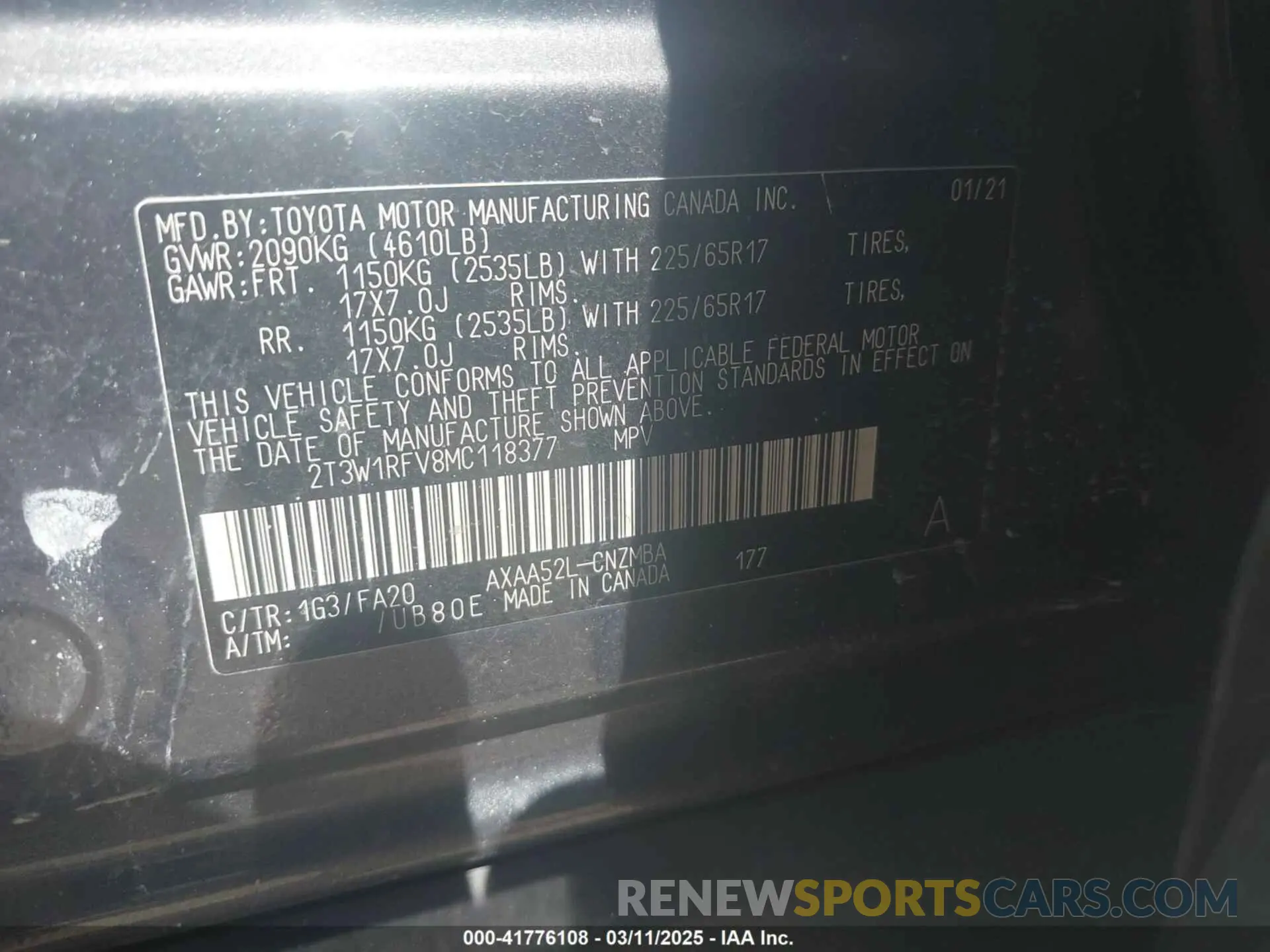 9 fotografías del automóvil dañado 2T3W1RFV8MC118377 TOYOTA RAV4 2021