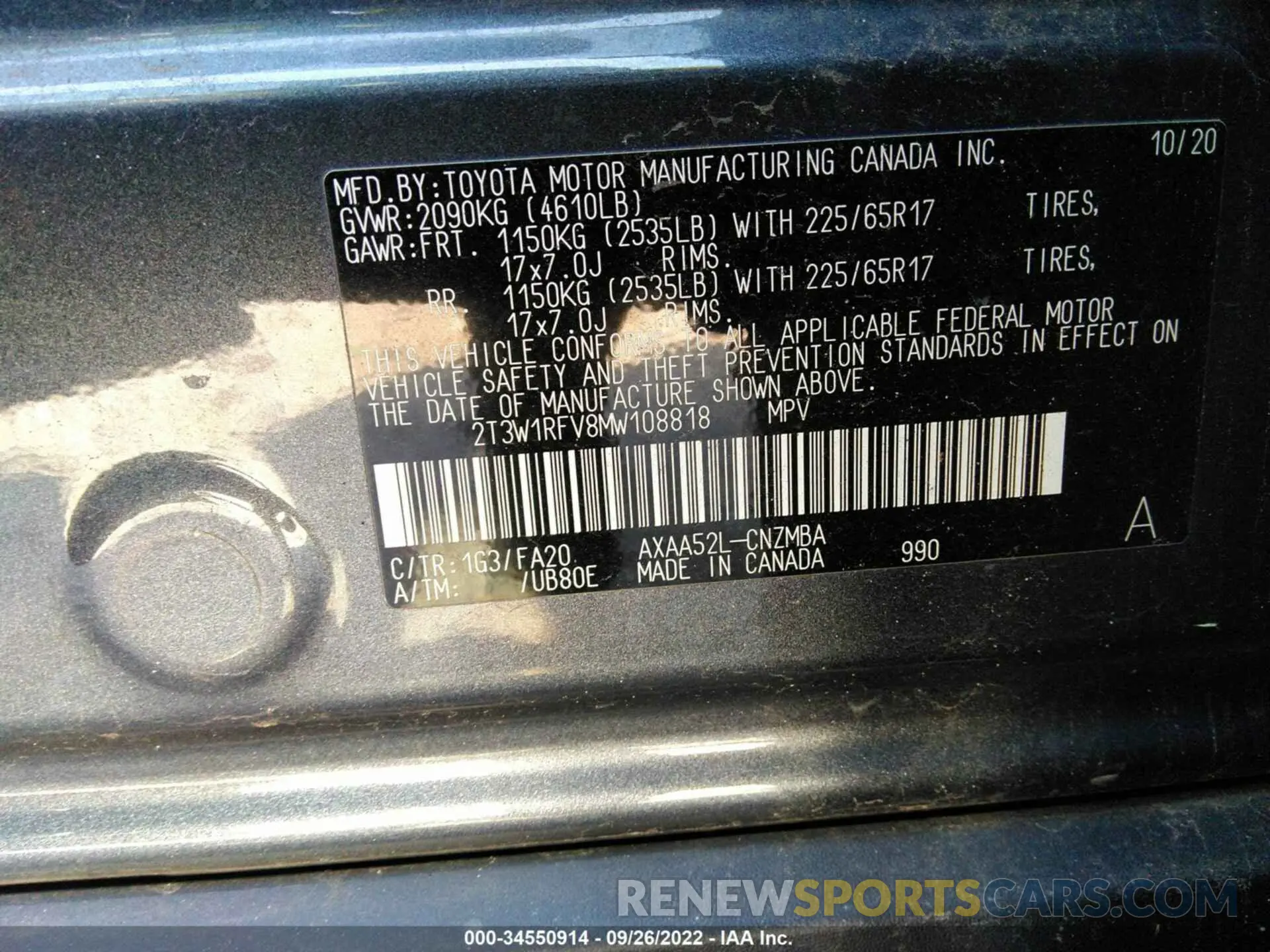 9 fotografías del automóvil dañado 2T3W1RFV8MW108818 TOYOTA RAV4 2021