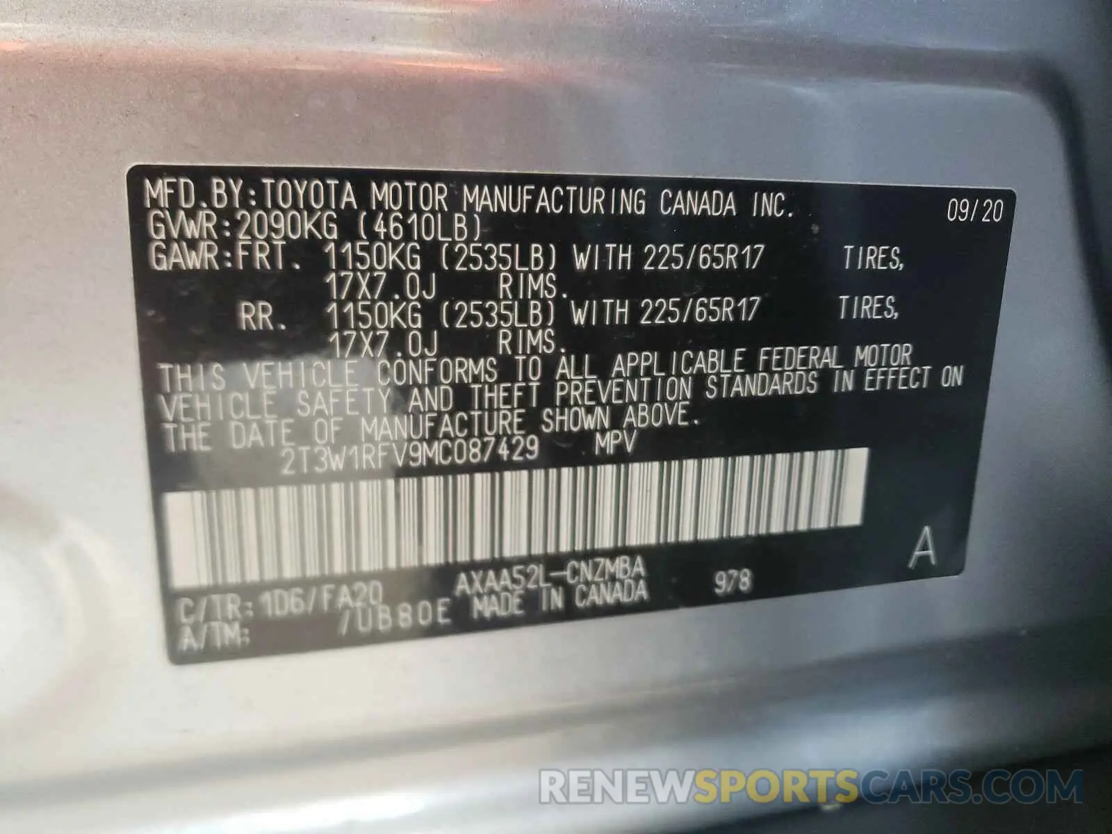 10 fotografías del automóvil dañado 2T3W1RFV9MC087429 TOYOTA RAV4 2021