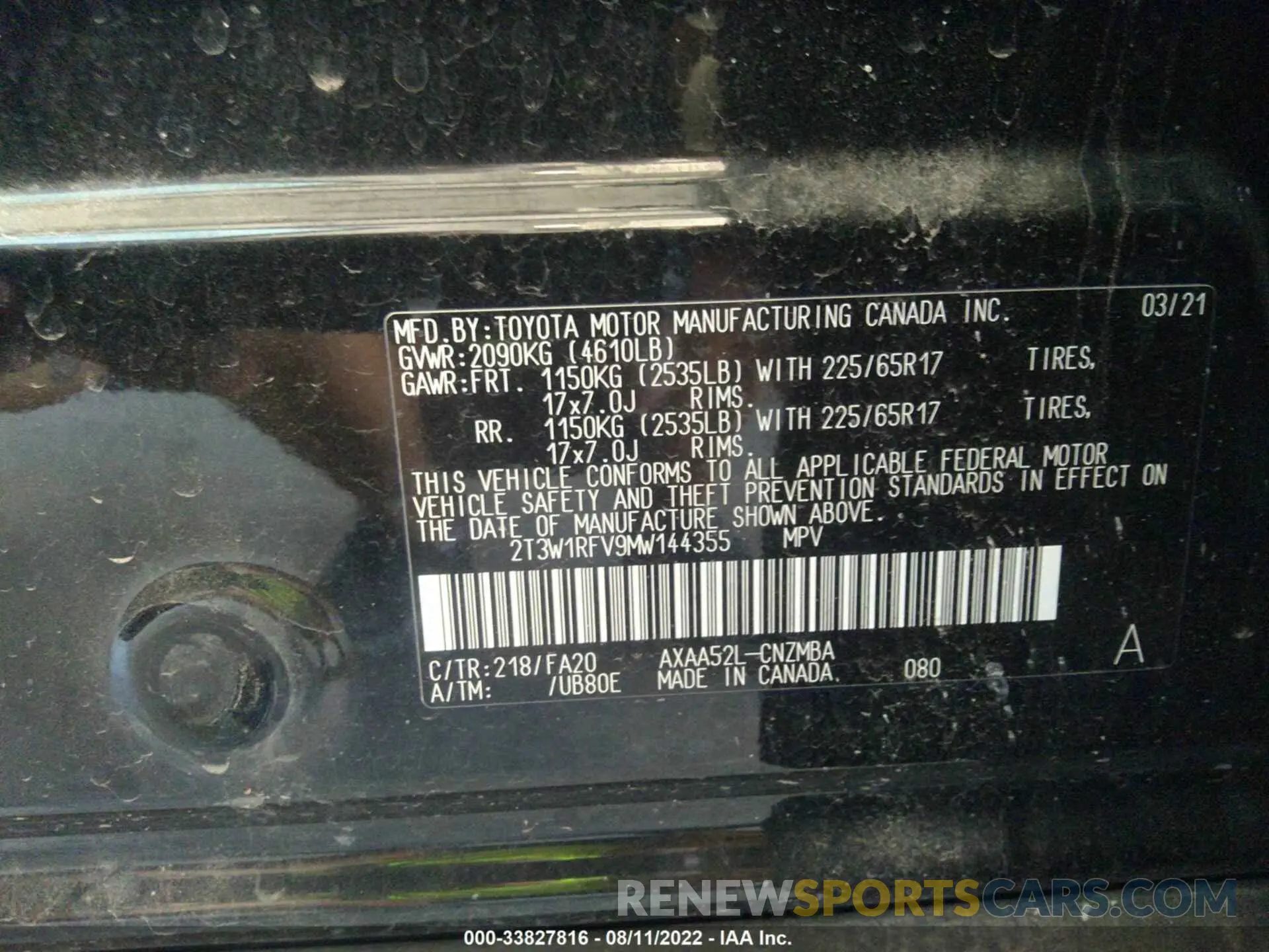 9 fotografías del automóvil dañado 2T3W1RFV9MW144355 TOYOTA RAV4 2021