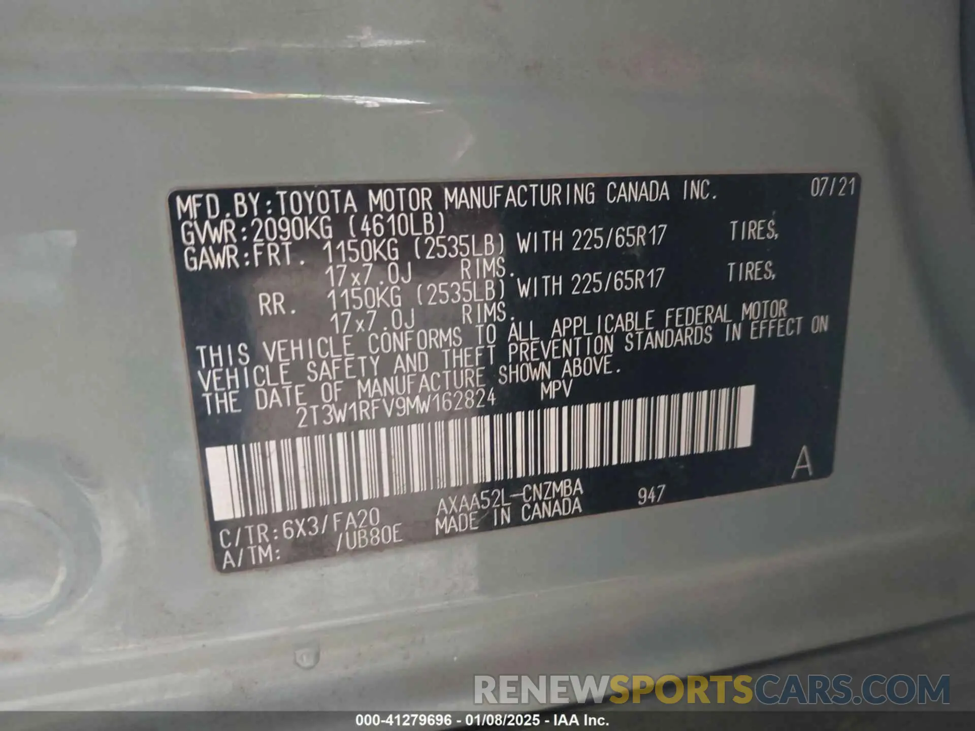 9 fotografías del automóvil dañado 2T3W1RFV9MW162824 TOYOTA RAV4 2021