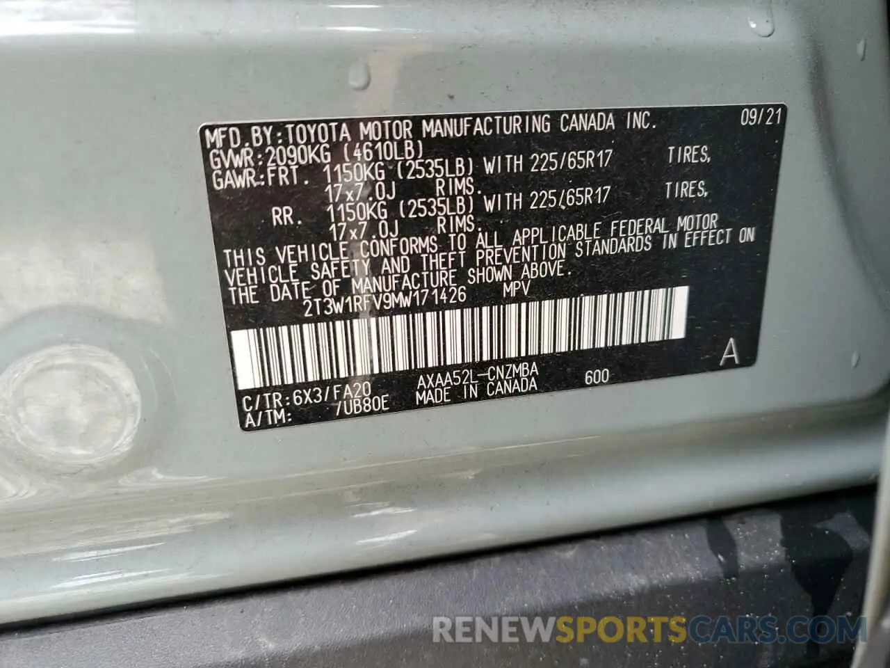 13 fotografías del automóvil dañado 2T3W1RFV9MW171426 TOYOTA RAV4 2021