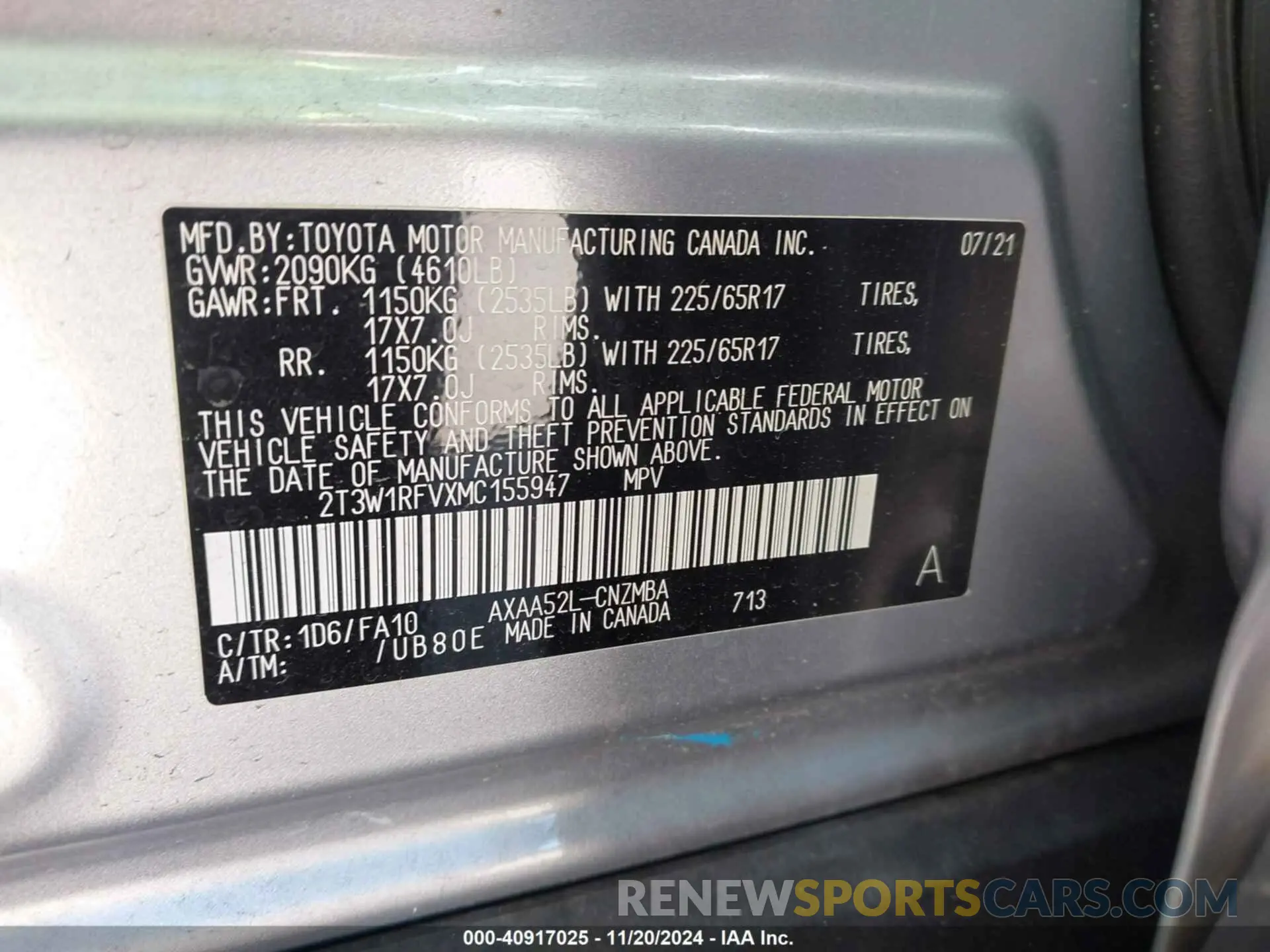 9 fotografías del automóvil dañado 2T3W1RFVXMC155947 TOYOTA RAV4 2021