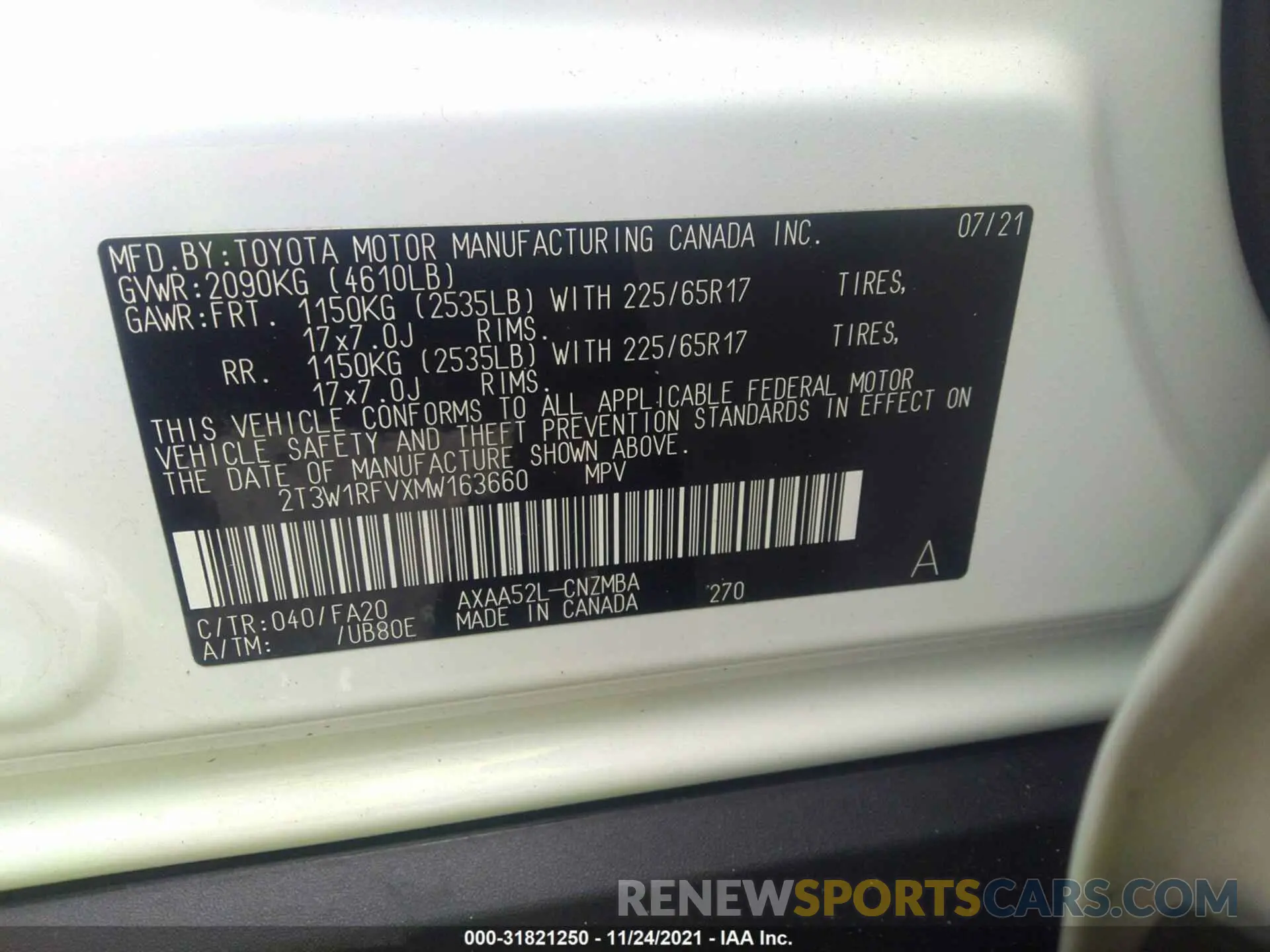 9 fotografías del automóvil dañado 2T3W1RFVXMW163660 TOYOTA RAV4 2021