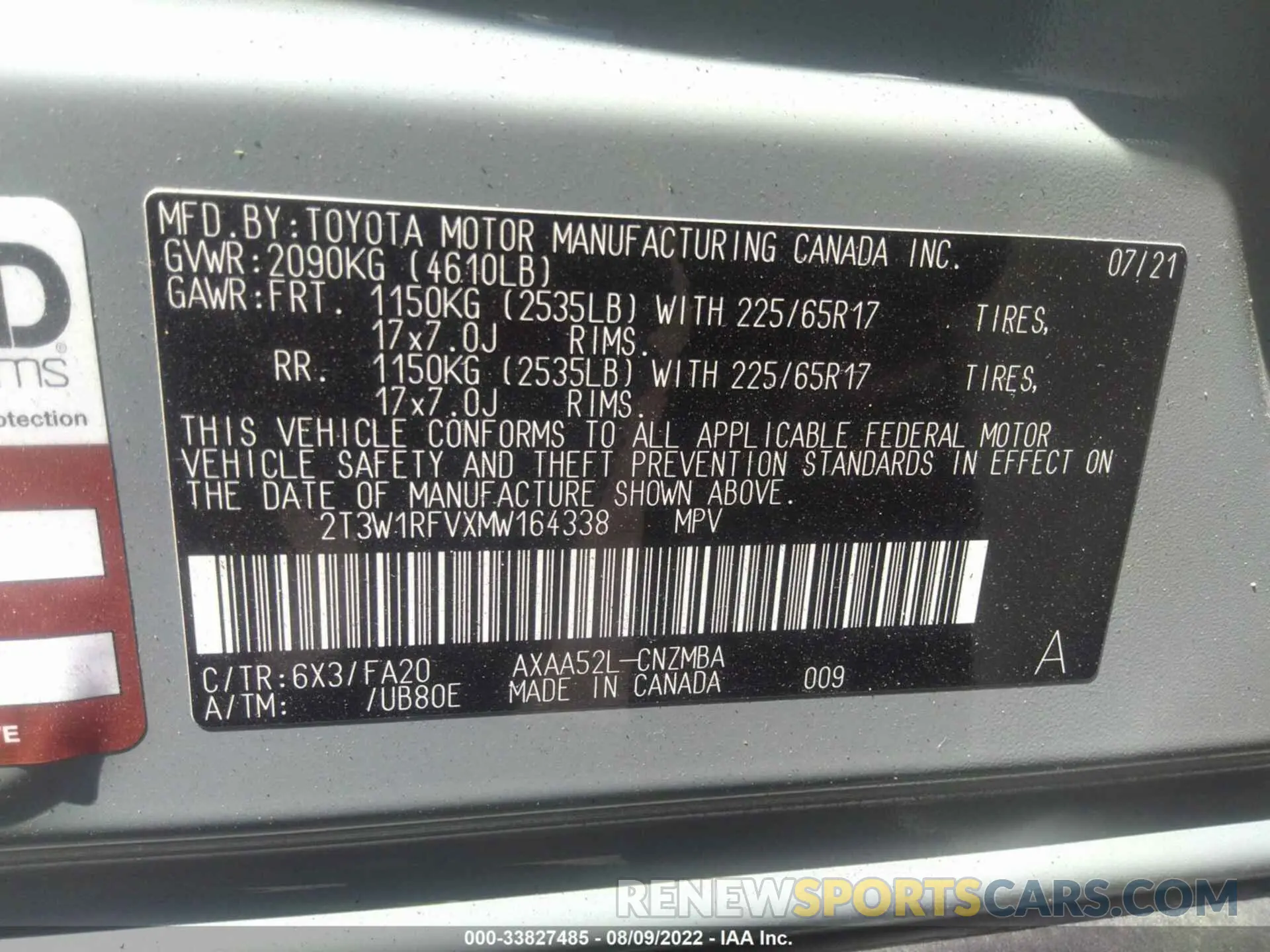 9 fotografías del automóvil dañado 2T3W1RFVXMW164338 TOYOTA RAV4 2021