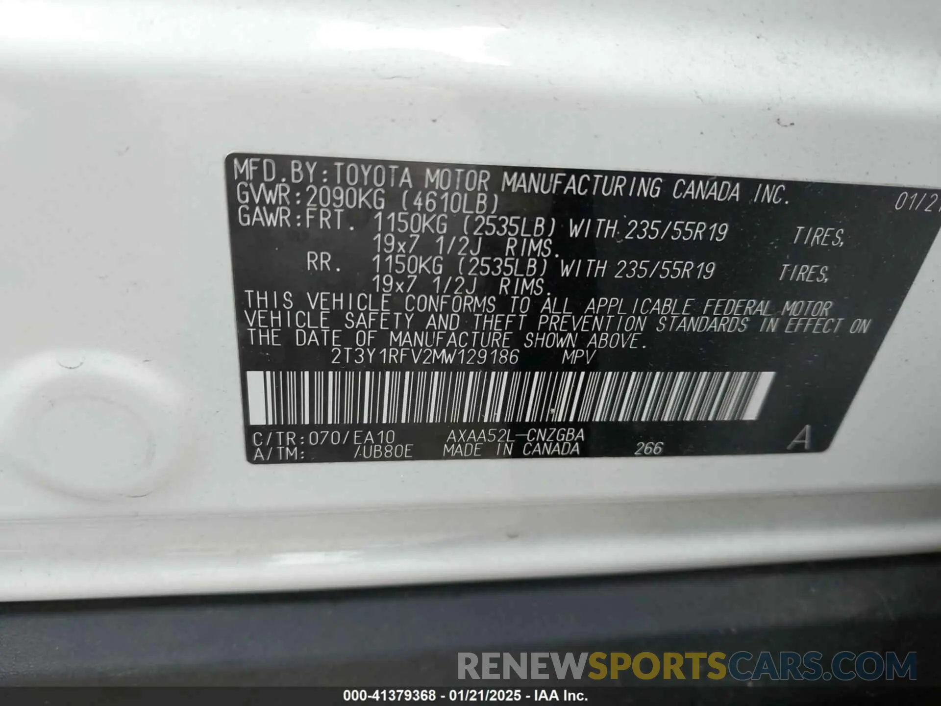 9 fotografías del automóvil dañado 2T3Y1RFV2MW129186 TOYOTA RAV4 2021