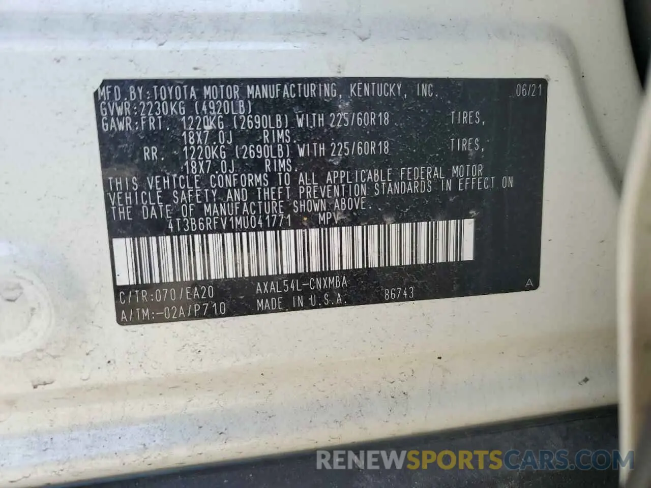 14 fotografías del automóvil dañado 4T3B6RFV1MU041771 TOYOTA RAV4 2021