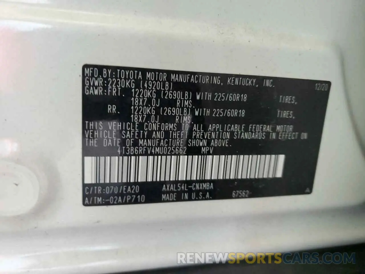 13 fotografías del automóvil dañado 4T3B6RFV4MU025662 TOYOTA RAV4 2021