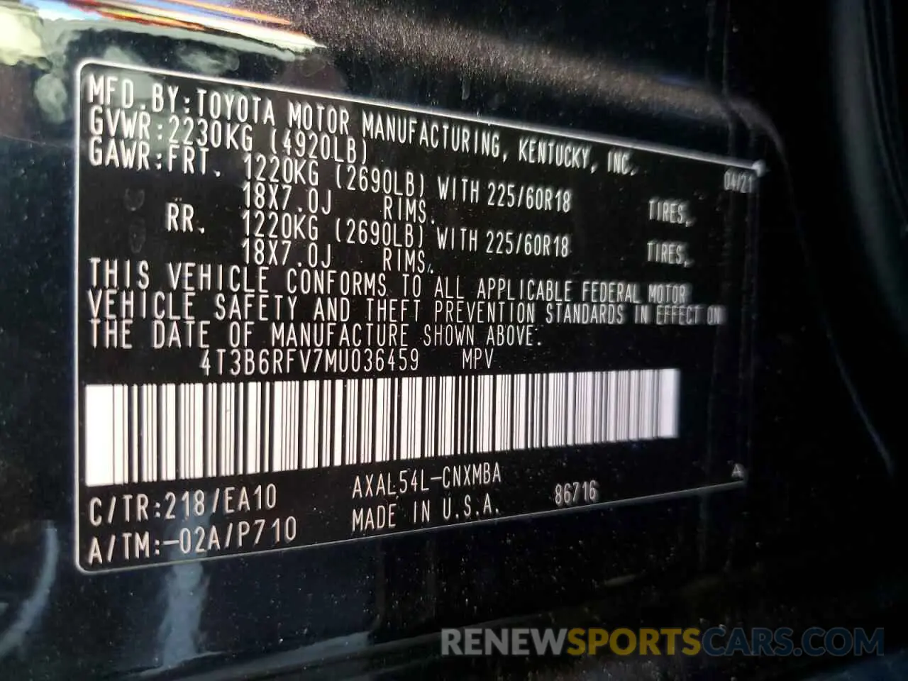 13 fotografías del automóvil dañado 4T3B6RFV7MU036459 TOYOTA RAV4 2021