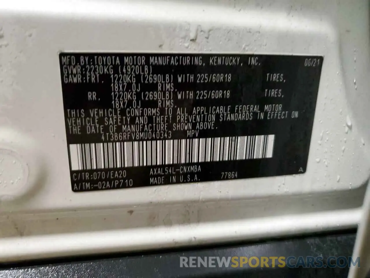 14 fotografías del automóvil dañado 4T3B6RFV8MU040343 TOYOTA RAV4 2021