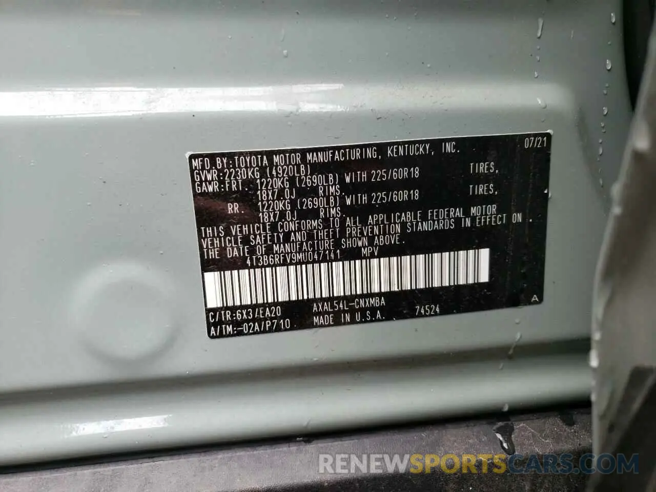 10 fotografías del automóvil dañado 4T3B6RFV9MU047141 TOYOTA RAV4 2021