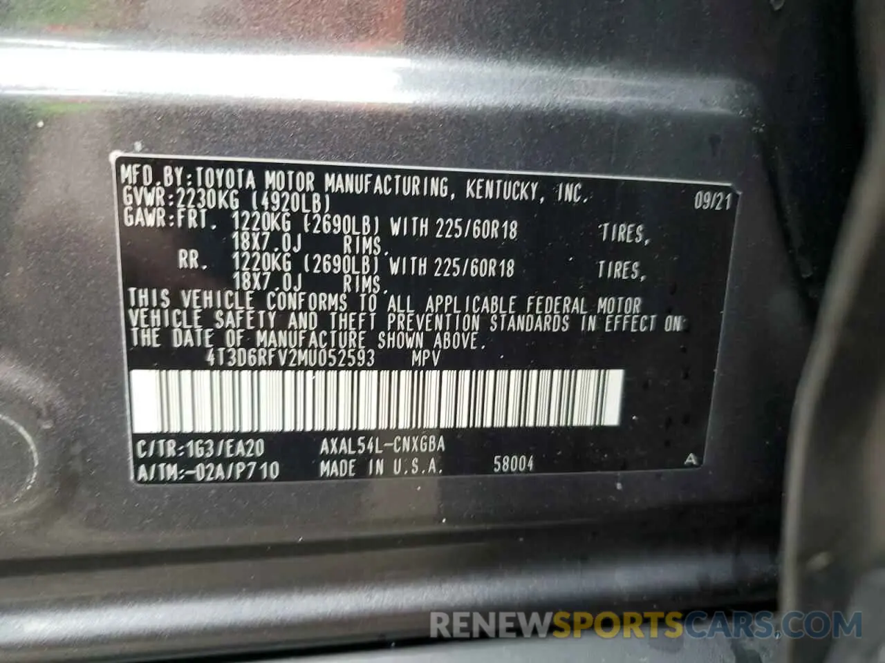 10 fotografías del automóvil dañado 4T3D6RFV2MU052593 TOYOTA RAV4 2021