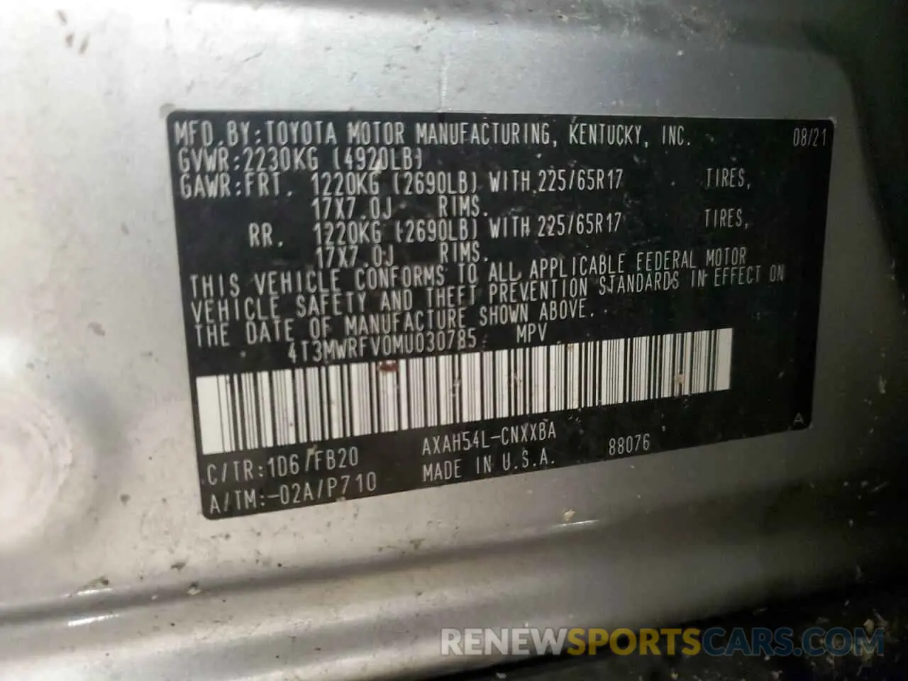 13 fotografías del automóvil dañado 4T3MWRFV0MU030785 TOYOTA RAV4 2021