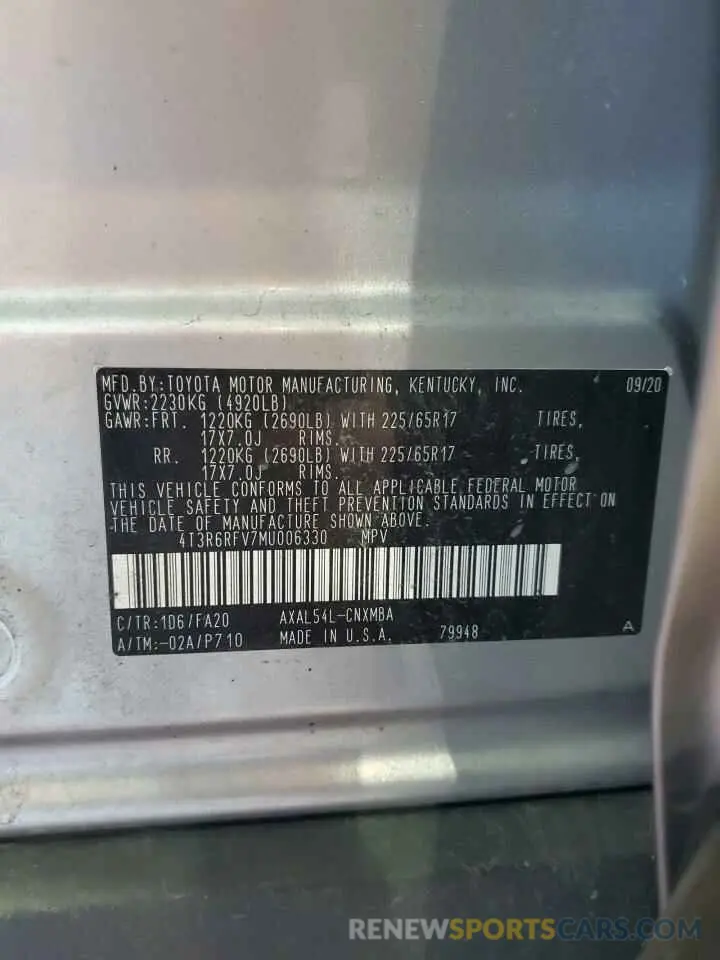 14 fotografías del automóvil dañado 4T3R6RFV7MU006330 TOYOTA RAV4 2021