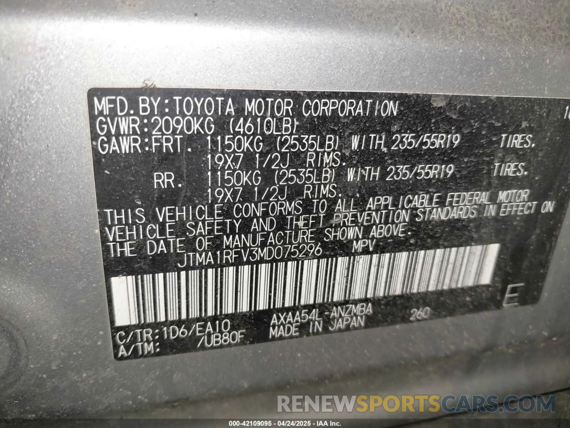 9 fotografías del automóvil dañado JTMA1RFV3MD075296 TOYOTA RAV4 2021