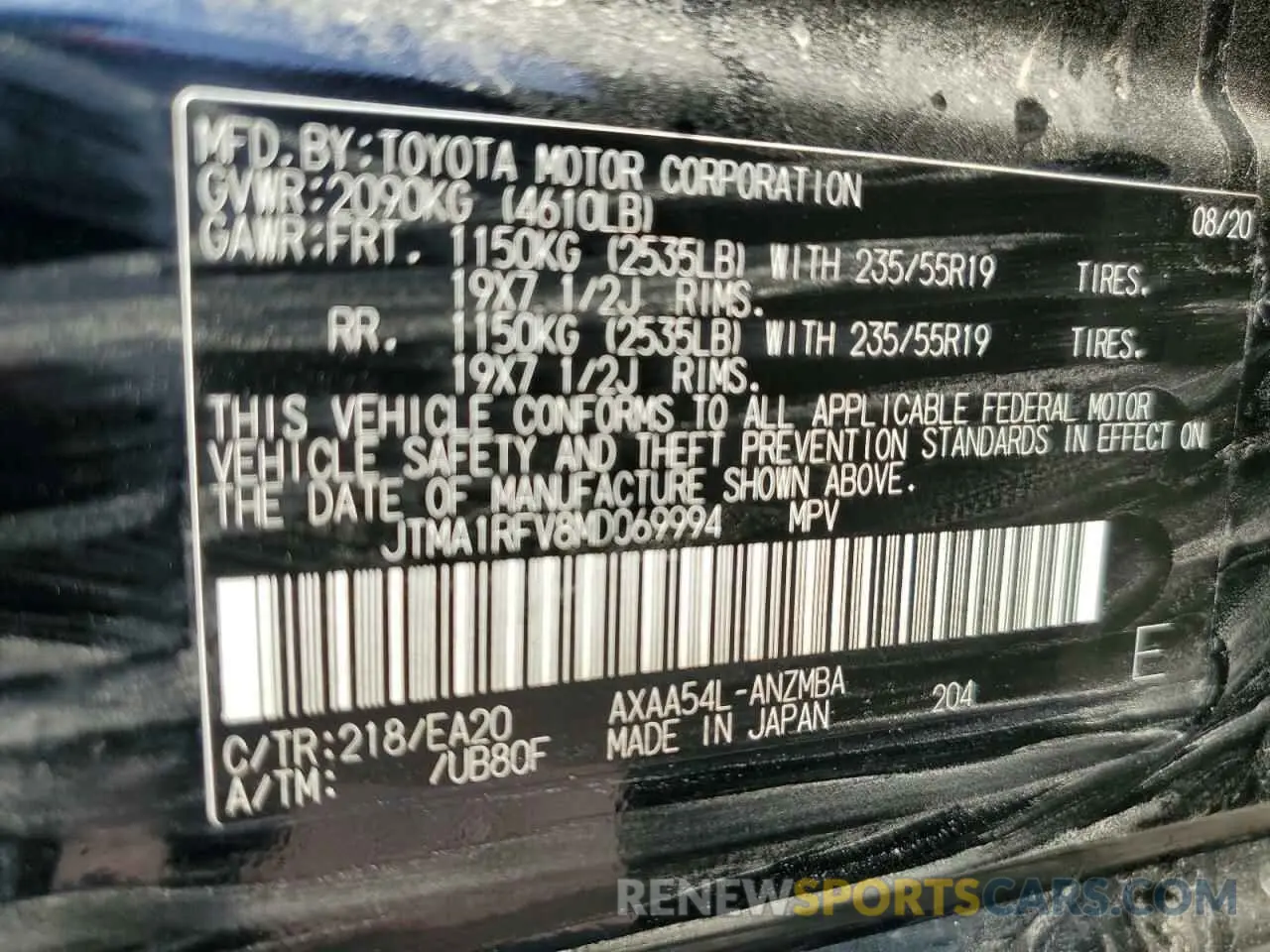 10 fotografías del automóvil dañado JTMA1RFV8MD069994 TOYOTA RAV4 2021
