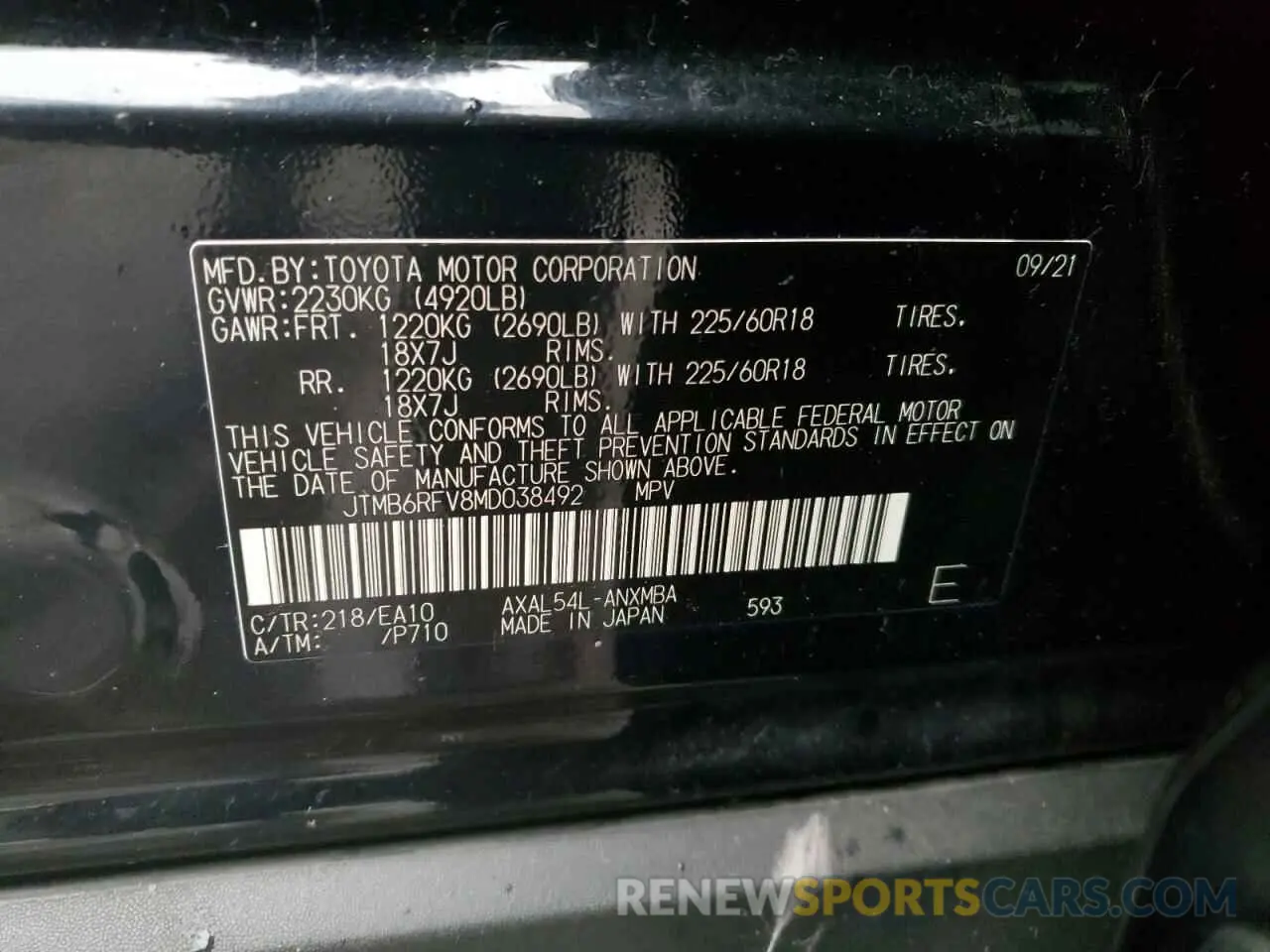 13 fotografías del automóvil dañado JTMB6RFV8MD038492 TOYOTA RAV4 2021
