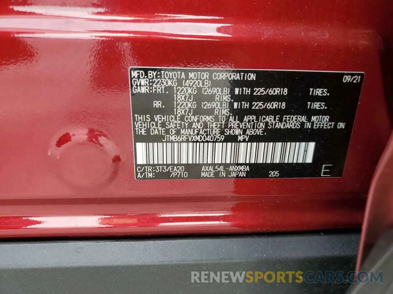 10 fotografías del automóvil dañado JTMB6RFVXMD040759 TOYOTA RAV4 2021