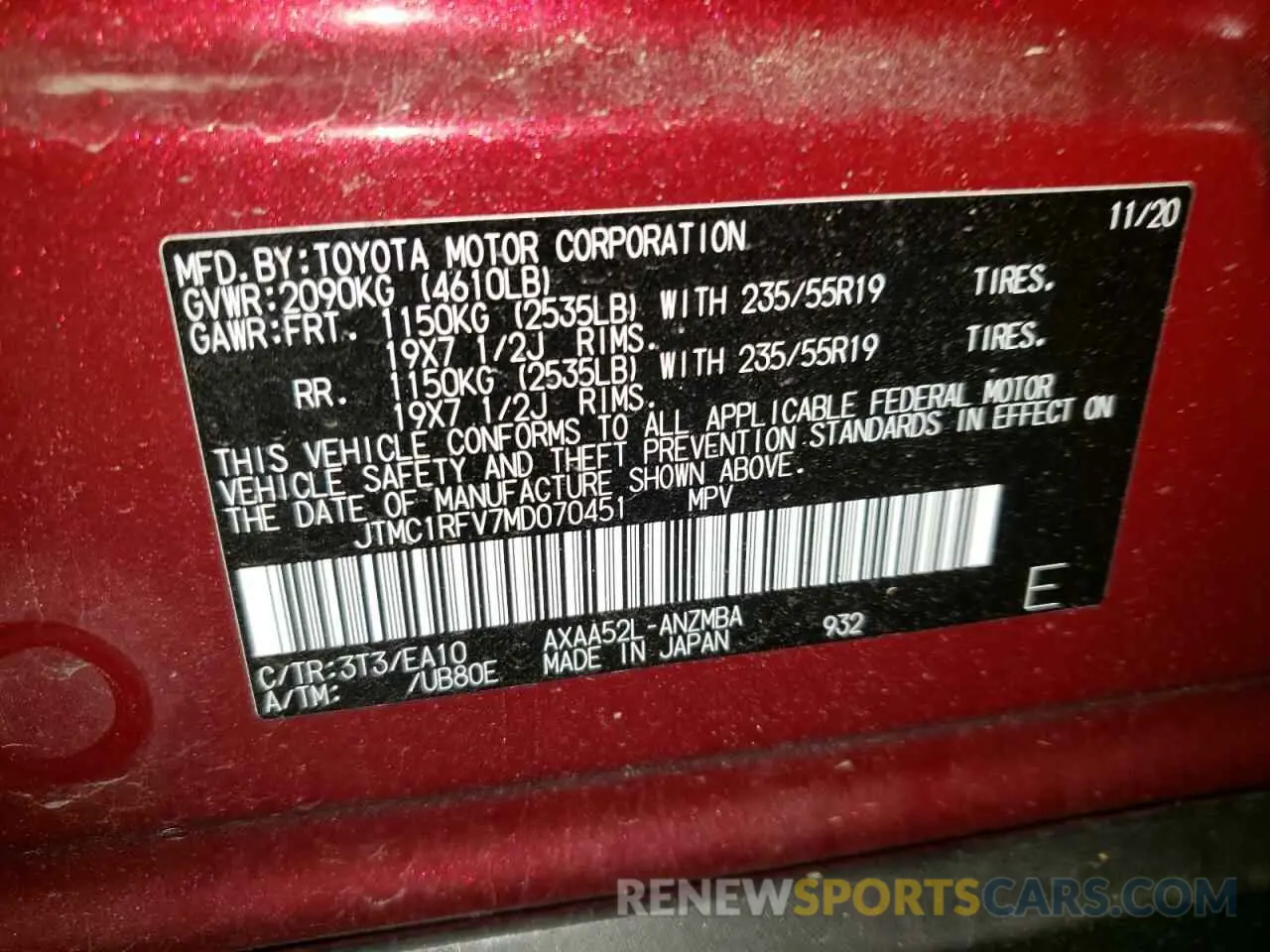 10 fotografías del automóvil dañado JTMC1RFV7MD070451 TOYOTA RAV4 2021